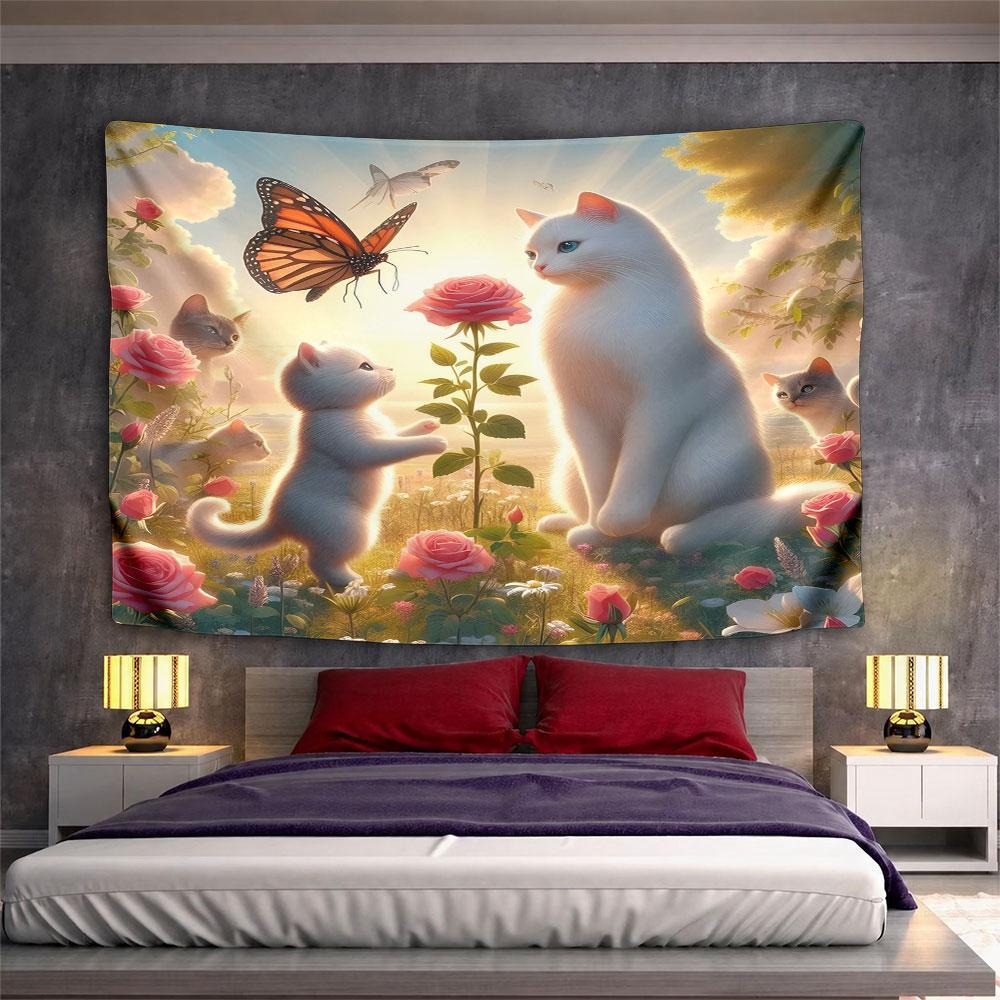 "Whimsical Cats and Butterfly Garden Scene" Pattern Wall Hanging Tapestry Decorative Tapestry Home Decor for Bedroom and Living Room