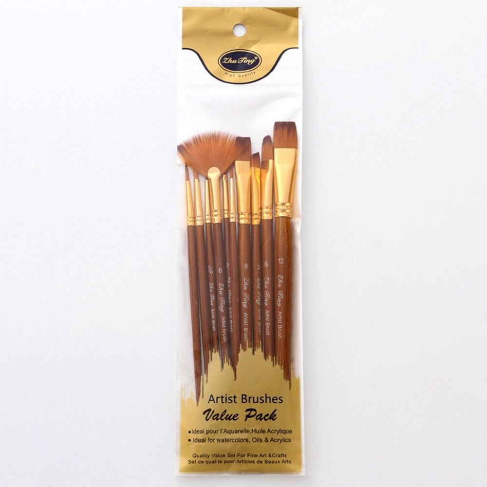 10Pcs/Set Nylon Bristles Watercolor Gouache Painting Pen Round Flat Angle Drawing Art Brush  Gouache