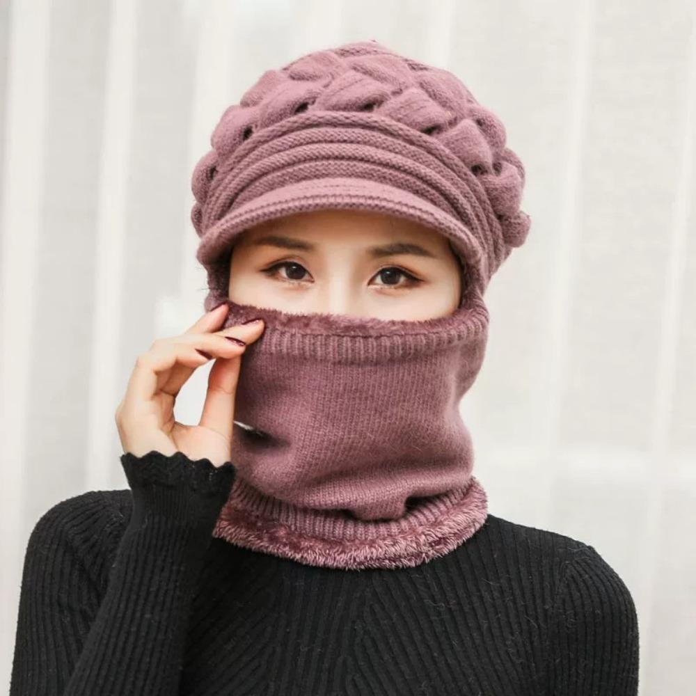 Soft Woolen Hat Elastic Hooded Thermal Cap Versatile Knitted Scarf  Women
