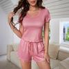 Женский пижамный комплект с коротким рукавом, круглым вырезом, эластичным поясом и шортами на шнурке, комплект для отдыха с оборками, летний комплект из 2 предметов для сна