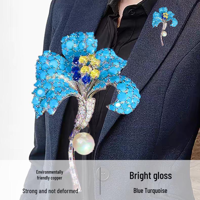 Ретро брошь-ирис с бирюзовой инкрустацией и цепочка для свитера - Роскошный двусторонний 3D женский аксессуар