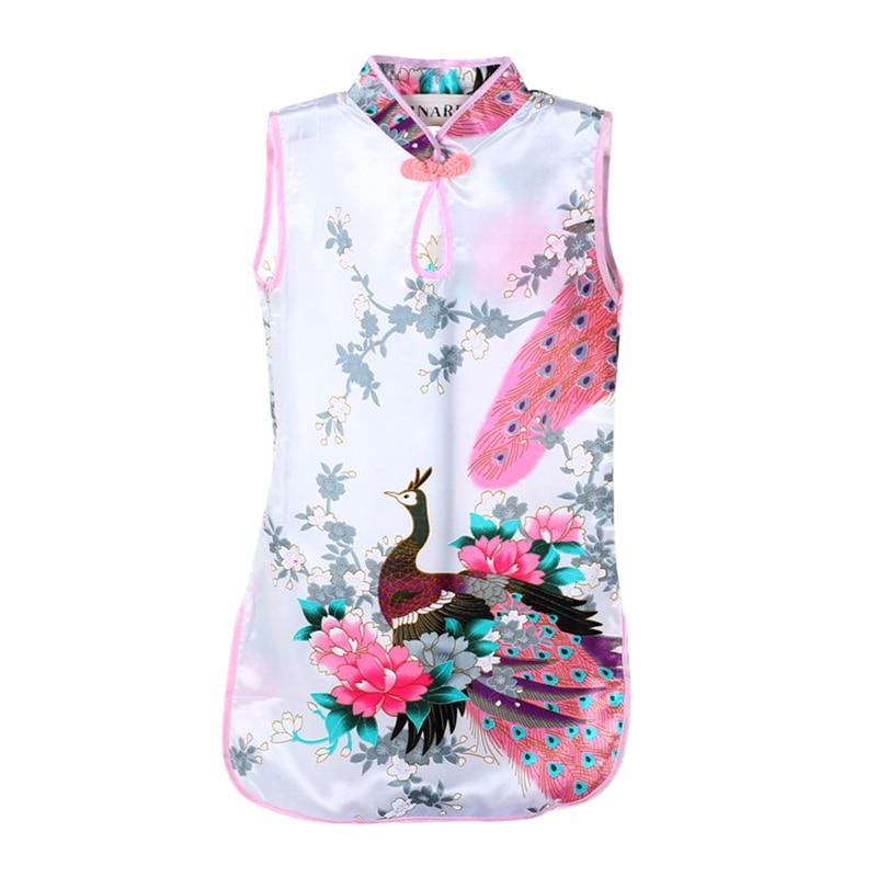 Летнее детское китайское платье Cheongsam без рукавов с принтом павлина для девочек