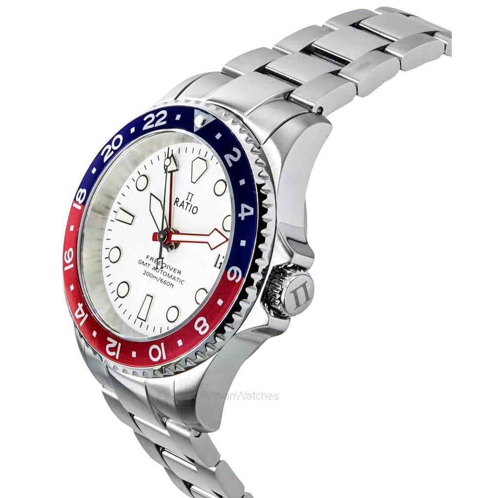 RATIO Мужские часы FreeDiver GMT Series с сапфировым стеклом из нержавеющей стали с белым циферблатом, синим и красным безелем Pepsi, автоматические RTF061 200M