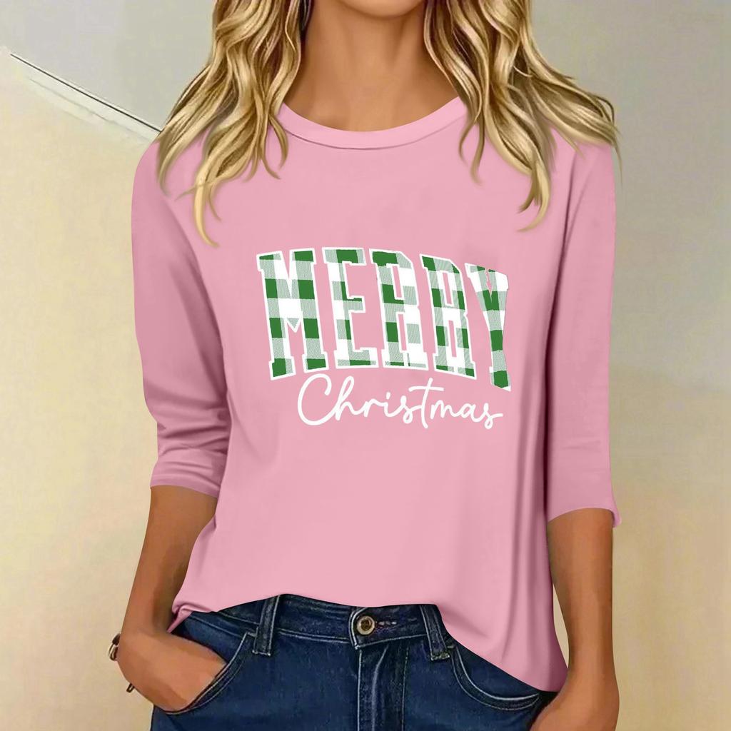 Women's Fashion Casual Three-quarter Sleeve Christmas Print Crewed Neck Top