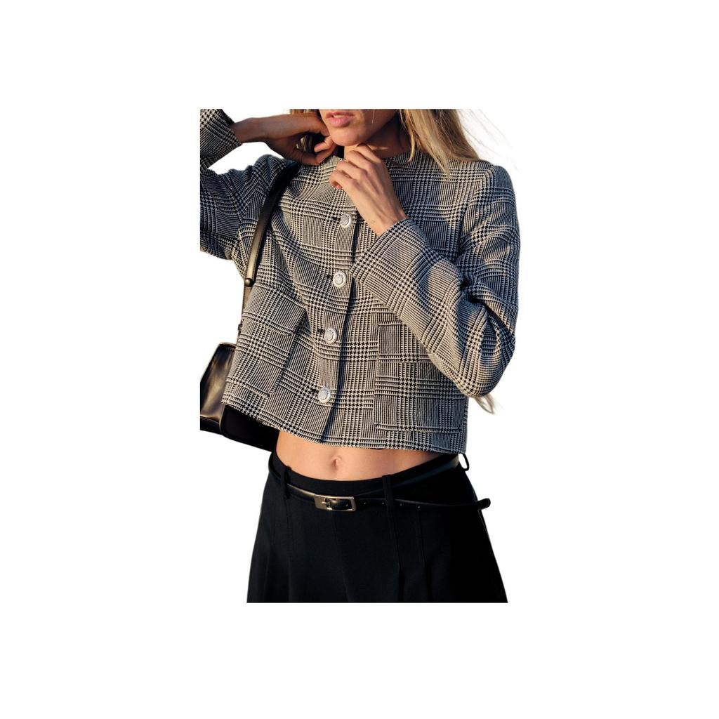 Zara Повседневный пиджак с коротким рукавом в ломаную клетку, женские пиджаки, черный, белый 09161114-35