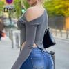 Women Knitting Tops Sexy Sloped Shoulder Collar Irregular Hem Pullover Tops Solid Color Ribbed Blouse