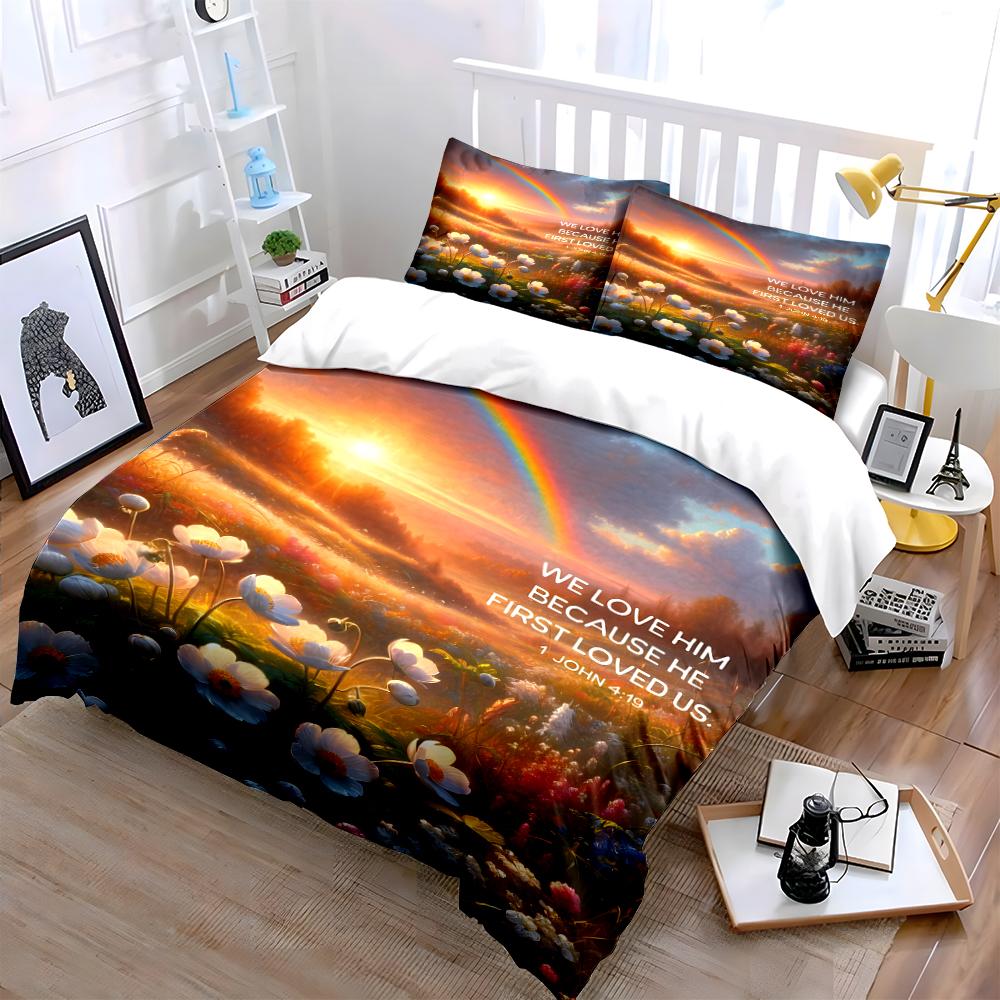 Rainbow Sunset Field with Bible Verse Bedding set (1 duvet cover, 2 pillowcases, duvet not included)