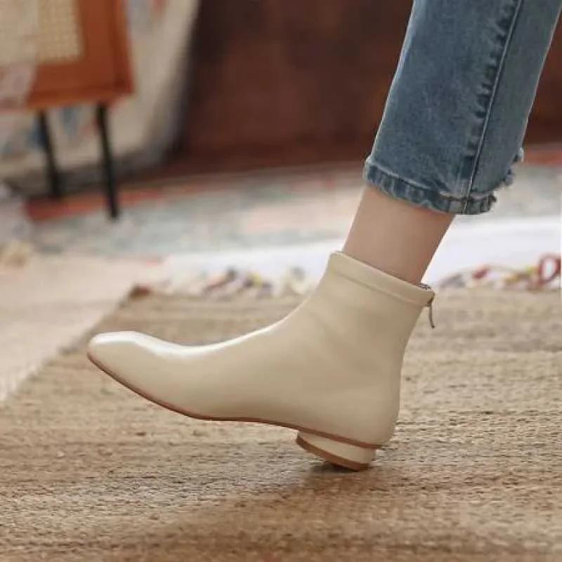Women Soft Leather Ankle Boots Square Toe Round Mid Heel Zipper Fashion Short Boot Autumn Winter Ladies Shoes Beige Retro Boots