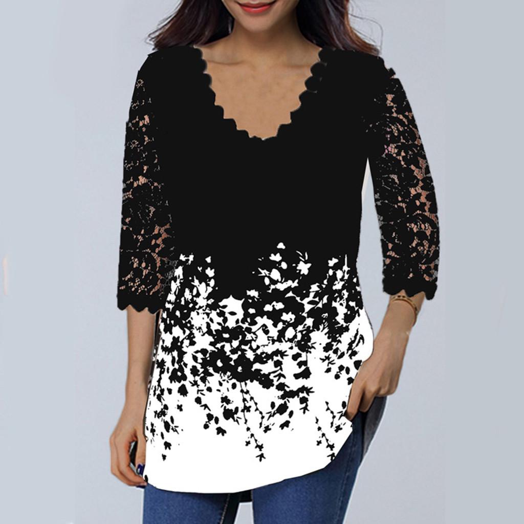 Women's Lace 3/4 Sleeve V Neck T Shirt Ladies Floral Blouse Tunic Tops Plus Size
