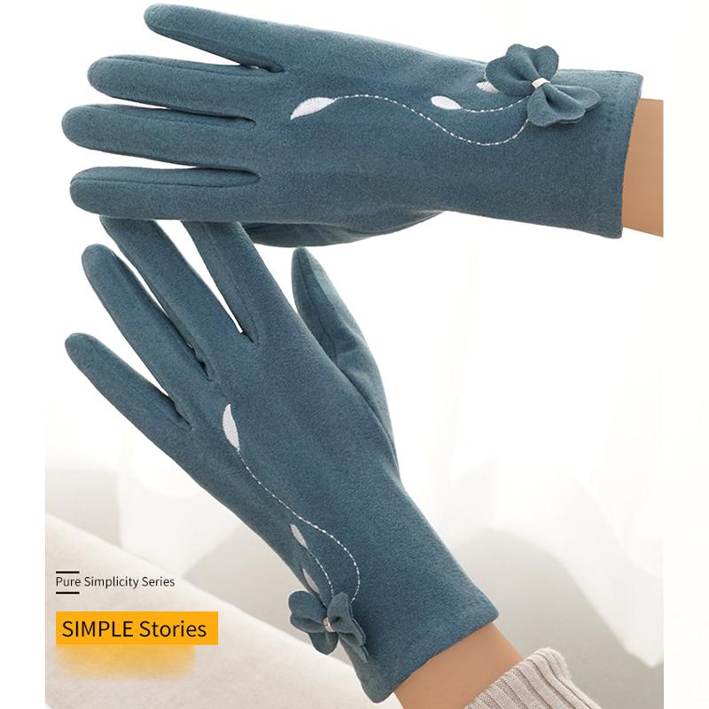 Теплые толстые перчатки с бантом и вышивкой, эластичные водонепроницаемые перчатки для сенсорного экрана, повседневные уличные велосипедные перчатки
