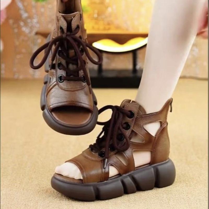 Летние женские сандалии в стиле ретро с толстой подошвой и ажурным носком «рыбий рот»