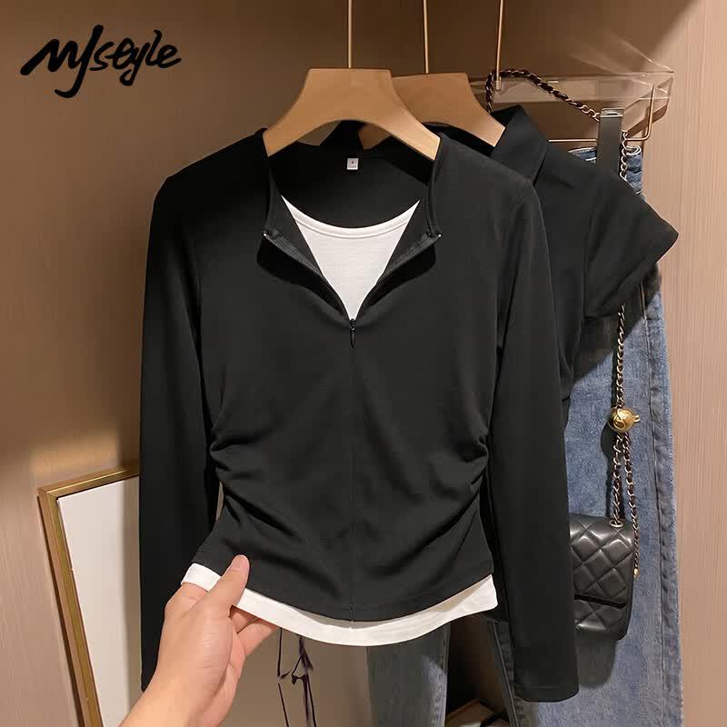 Женская футболка с длинным рукавом MJ STYLE, имитирующая двухслойную, с молнией до середины