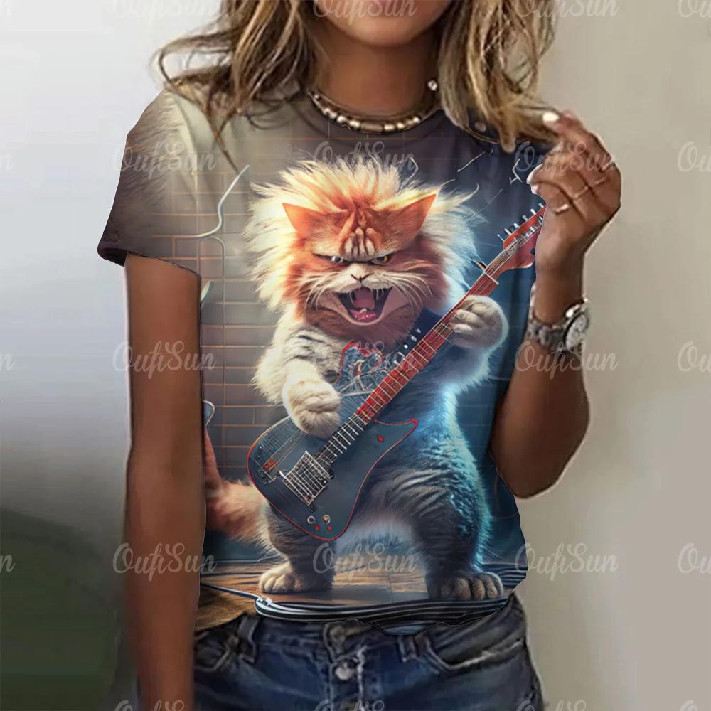 Новая летняя женская футболка с принтом 3D Cool Rock Cat, модные трендовые топы, футболки, женская повседневная одежда с коротким рукавом, уличная одежда Y2K