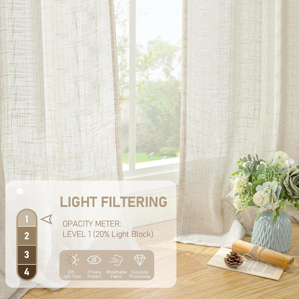 Long linen curtain  2 pieces  semi transparent cream filter curtain for living room strap pole bag  Beige