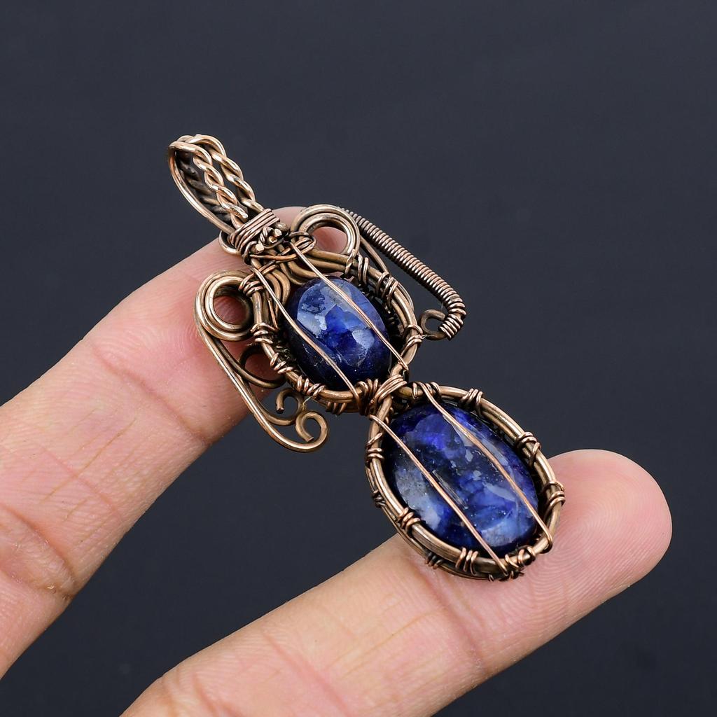 Кулон с синим сапфиром, Кулон с драгоценным камнем ручной работы, Кулон, обернутый медной проволокой 999 пробы, Антикварное украшение, Для подарка на помолвку
