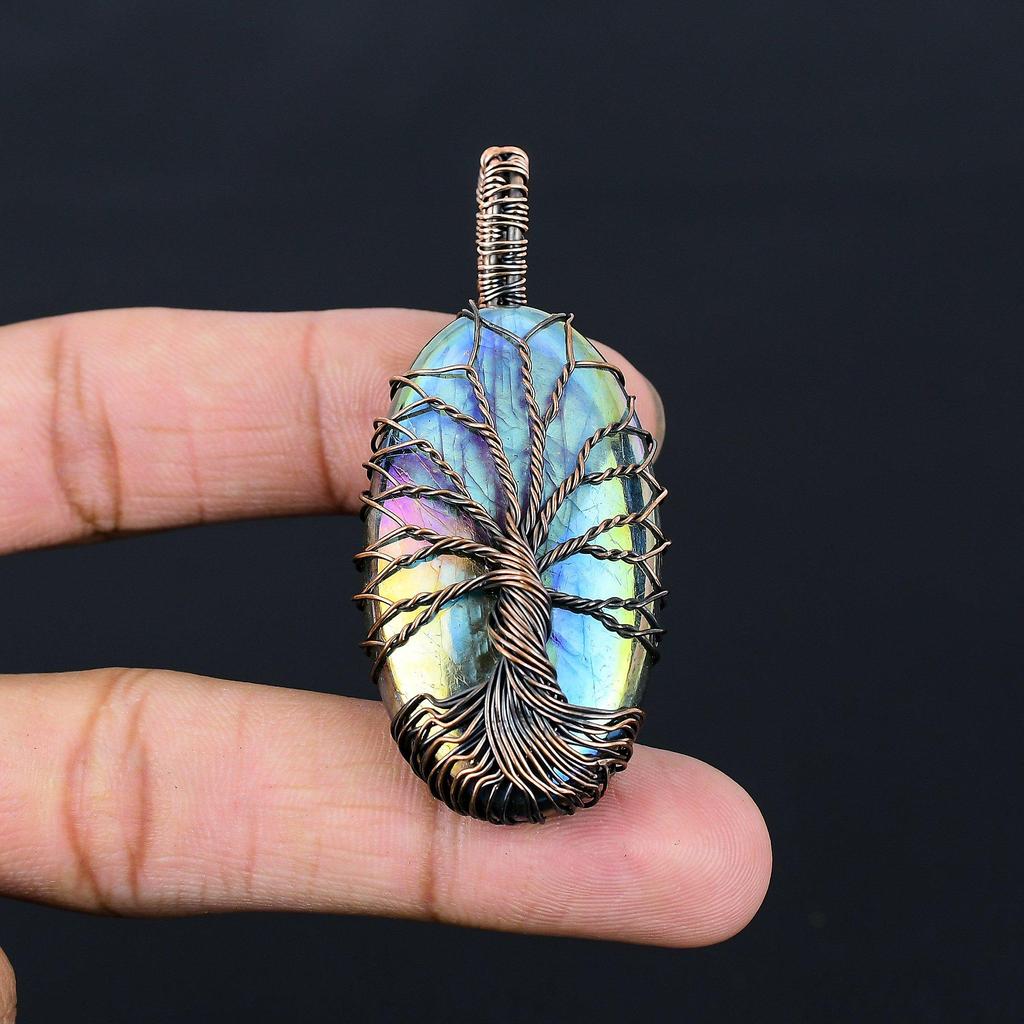 Древо Жизни Радужный Кварц Драгоценный Камень Чистая Медная Проволока Обернутая Ювелирные Изделия Кулон Ручной Работы