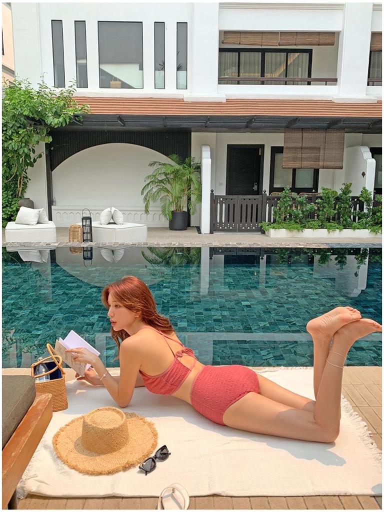 Белый текстурированный купальник бикини в корейском стиле, набор из 3 предметов для пляжа и горячих источников