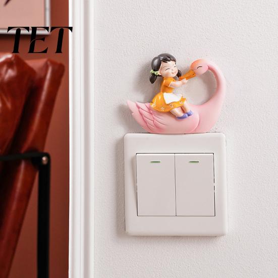 Desktop Ornament Decor 3D Resin Switch Stickers, Wall Fairy Tale Girl on Swan Decor, Bedroom Decoration Peel & Stick Light Sticker for Kids