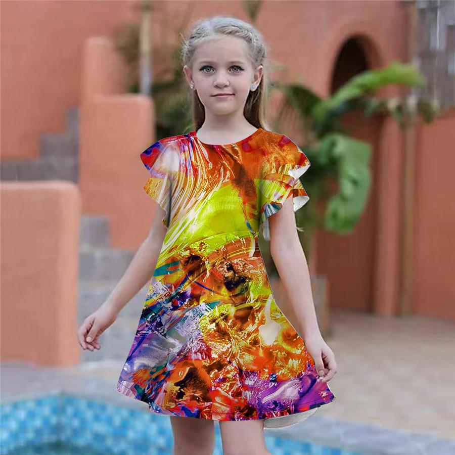 Girls Multi-colored Ice Cubes Print Dresses Kids Girl Party Dress Loose Fitting Loose Fitting Short Sleeved Skirt For Girls Over Four Years Old