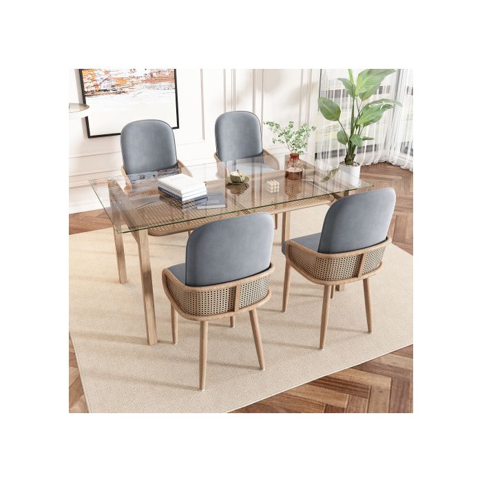 Chaise de salle à manger - MUVOE - Lot de 2 - Velours gris - Design rotin - Pieds en métal