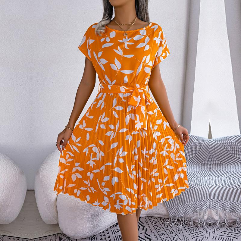 Spring Summer Women Short Sleeve Floral Pleated High Waist A Line Long Dress S-XL