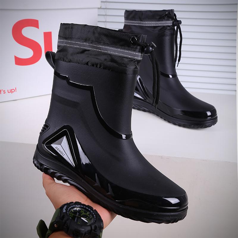 Fashion Rain Shoes Men's Short Anti Slip Mid Tube Rain Boots Short Water Shoes with Velvet Work Shoes