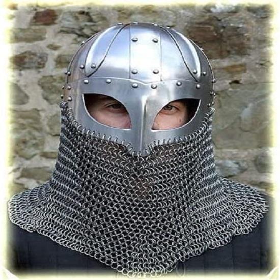 Viking Helmet Battle Armor 18G Steel and Chainmail Mask Helmet Silver