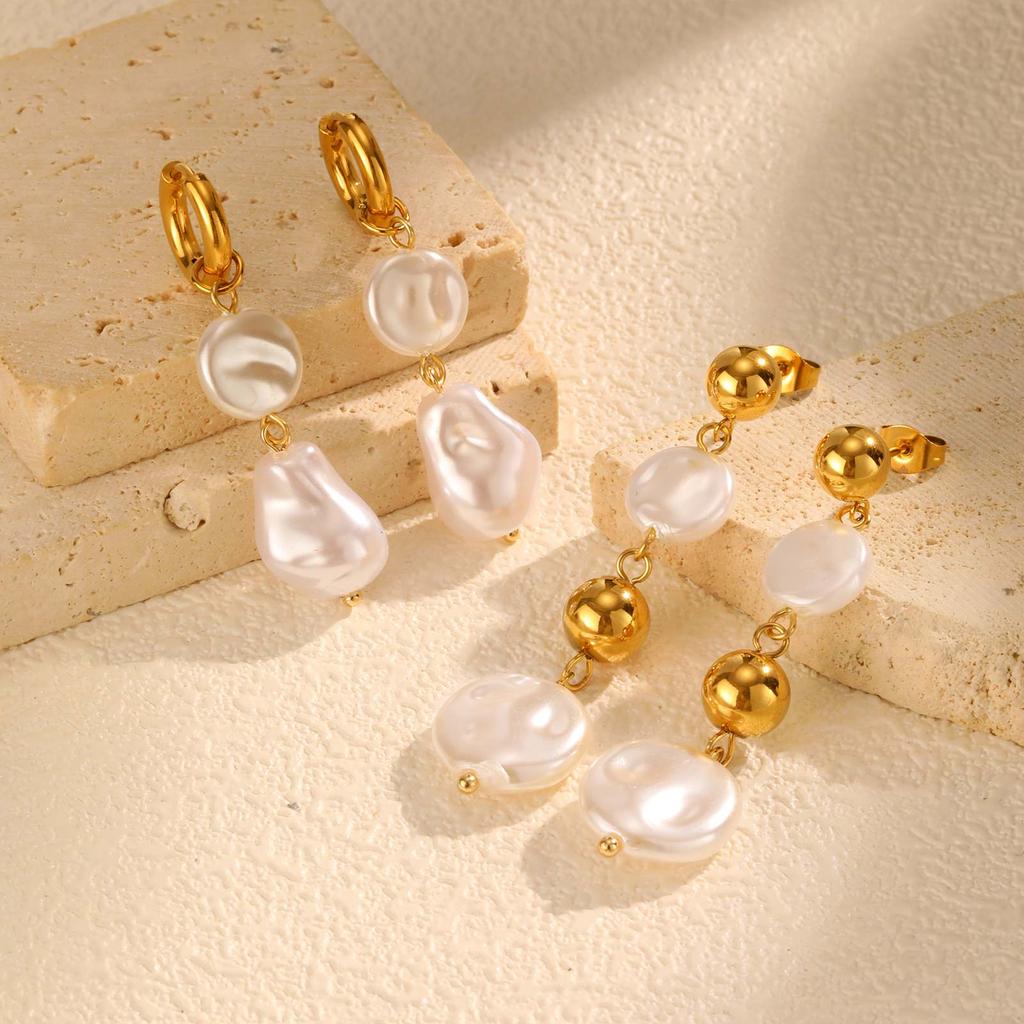 Vintage Irregular Imitation Pearl Earrings for Women, Gold Color Stainless Steel Drop Earrings, Elegant Jewelry Party Gifts