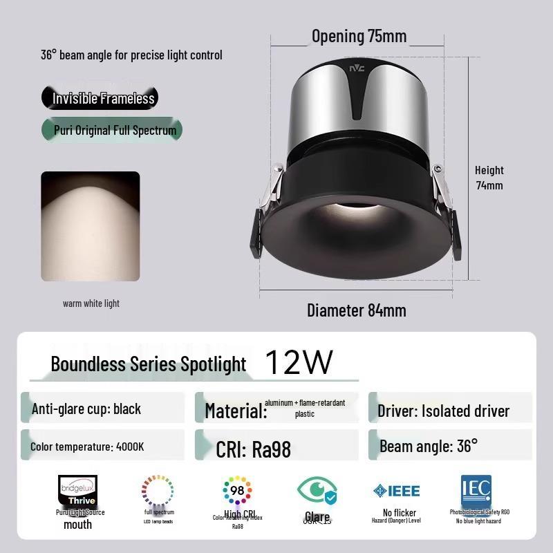 Безрамочный светодиодный спот NVC Lighting - Антибликовый, Полный спектр, Настенный омыватель, Встраиваемый для гостиной