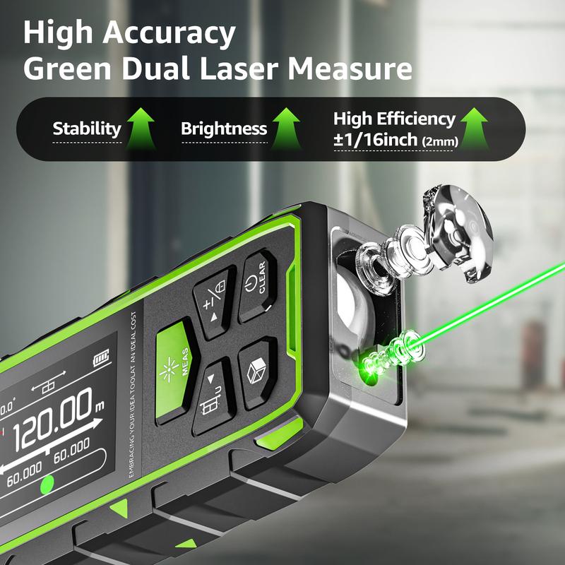 Huepar Dual Laser Rangefinder 120M/200M Green Beam Digital Laser Meter Multiple Unit Measurement Tool With Backlit LCD display