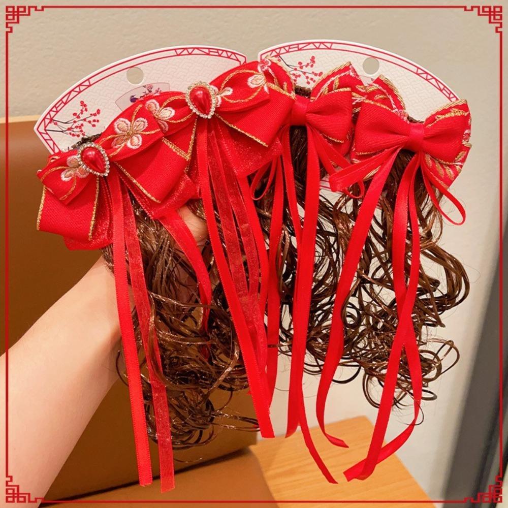 2 шт. детский парик-бантик в китайском стиле, вьющиеся волосы, красная заколка-бантик, новогодняя праздничная