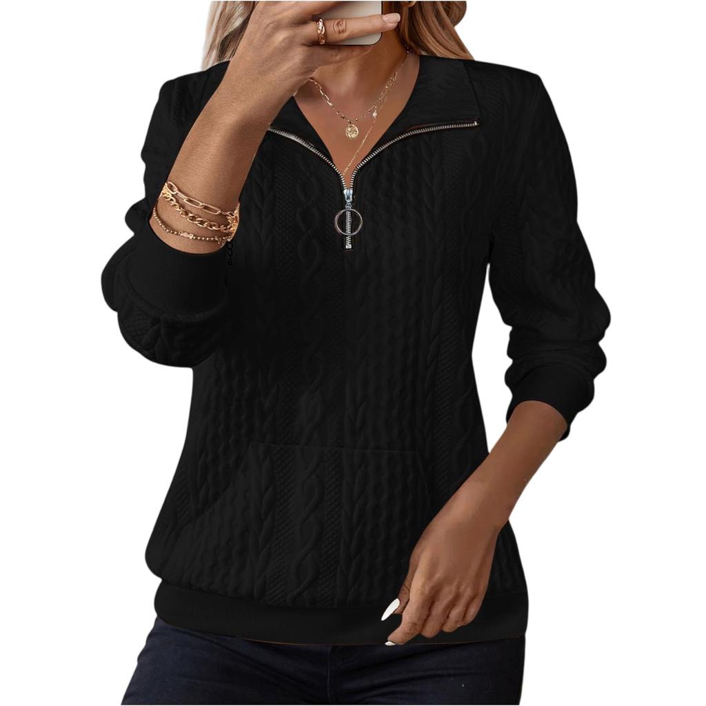 Women's Fashion Long Sleeve Solid Color Casual Collared Zipper Long Sleeve Pocket Sweatshirt