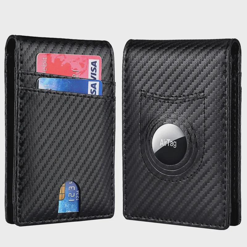 Кожаный кошелек с защитой от кражи RFID и держателем Airtag для мужчин - дизайн из углеродного волокна