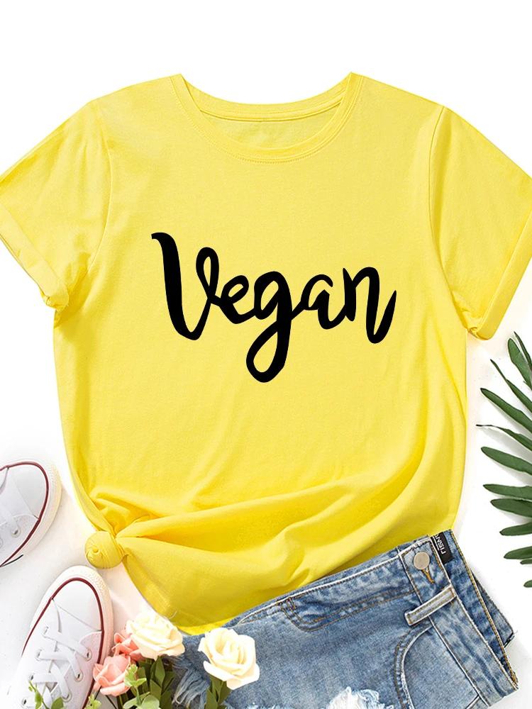 Веганская футболка с принтом букв, женская футболка с коротким рукавом и круглым вырезом, свободная женская футболка, женская футболка, топы, одежда, женские футболки