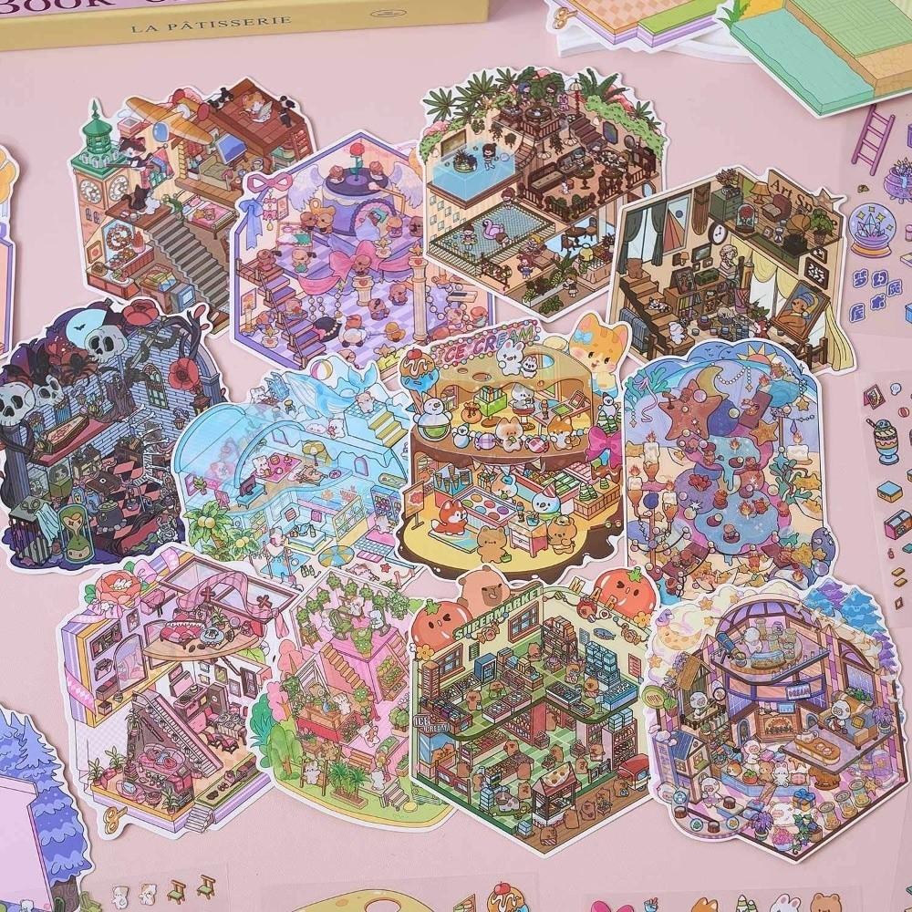 New PET 3D Scene Stickers Creative 60-Sheet Cute Stickers Books Fantasy Park Theme Cartoon Style Scrapbook Sticker DIY Crafts