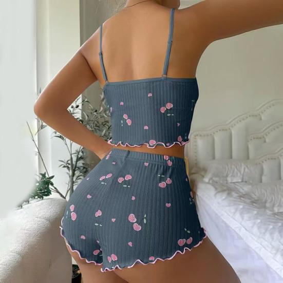 2 Pcs/Set Women Vest Shorts Suit Bow Cherry Print U Neck Sleeveless Top High Waist Short Trousers Homewear Loungewear Outfit Summer Sleepwear