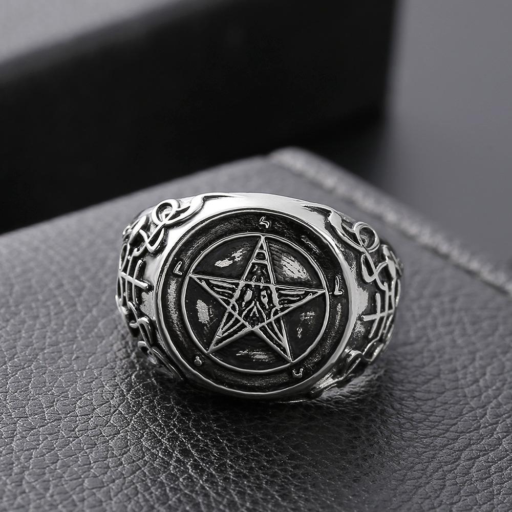 Satanic Baphomet Goat Head Ring with Inverted Pentagram Band Gothic Jewelry for Men Women