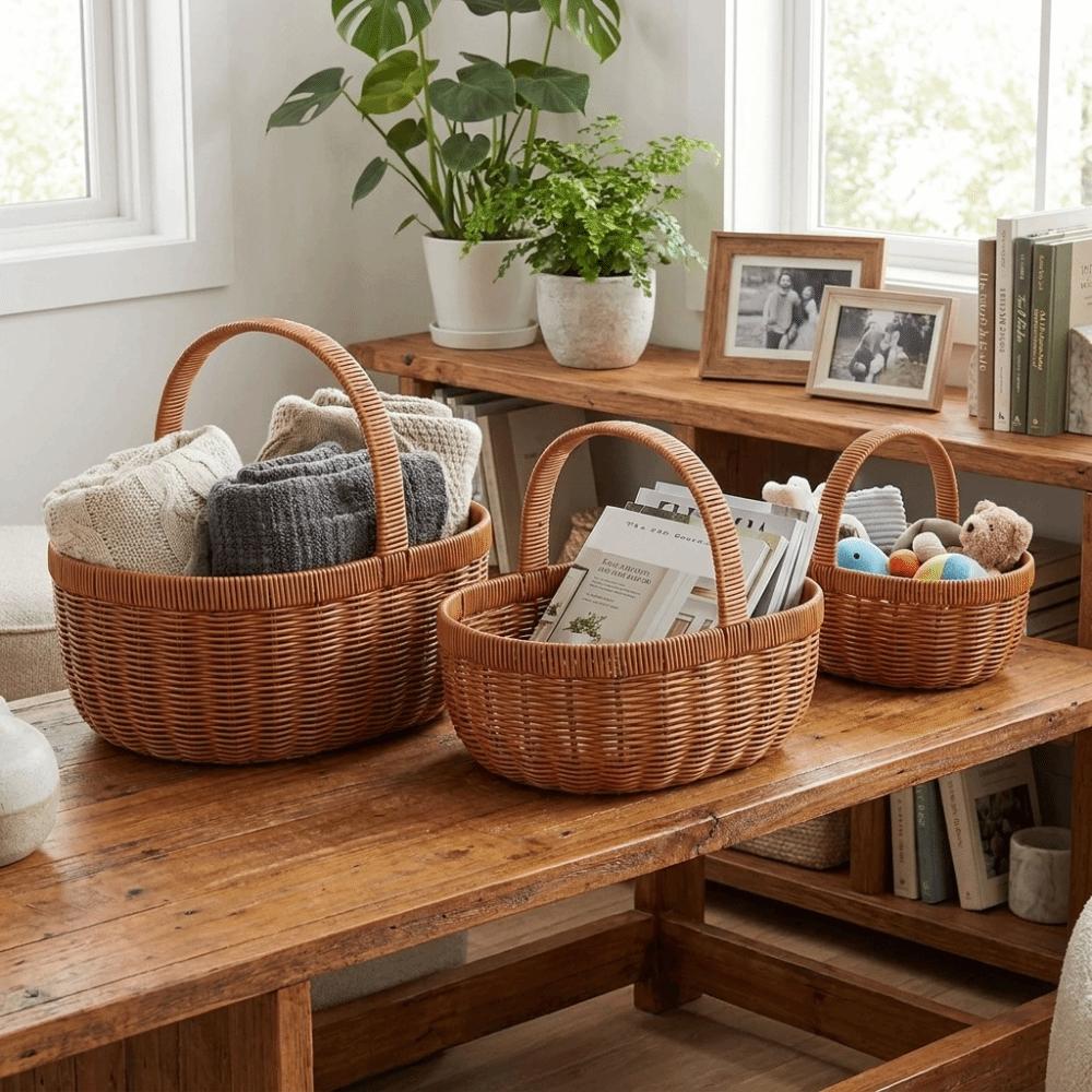 with Handle Imitation Rattan Basket Large Capacity Picnic Basket Handmade Basket Grocery Shopping