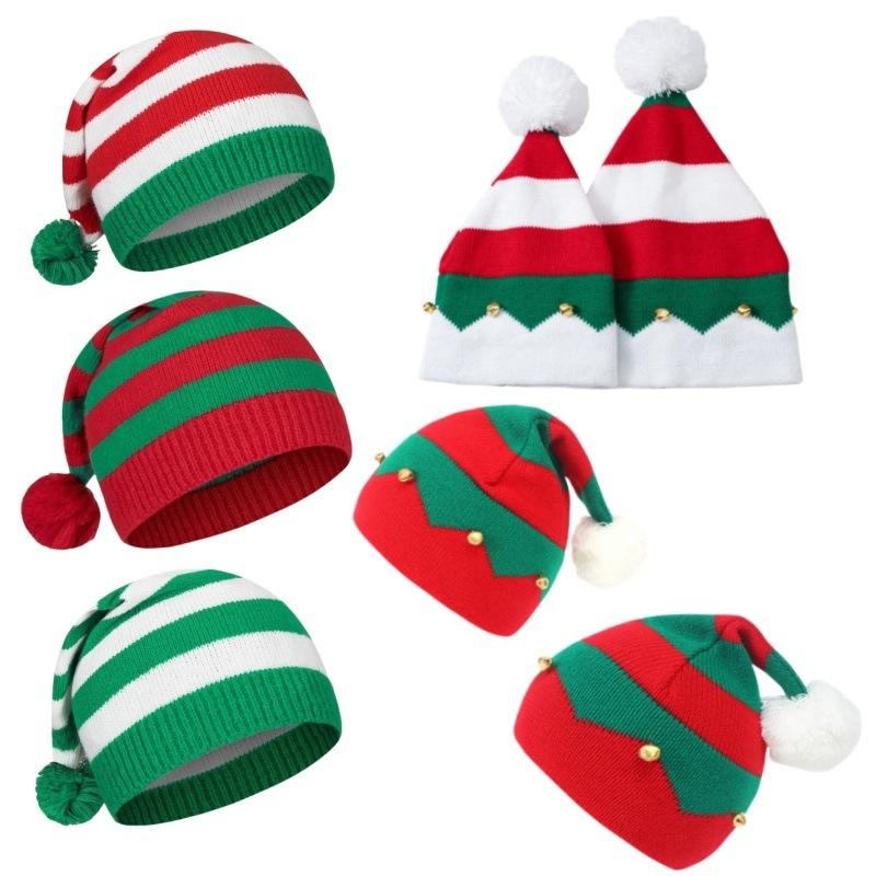 Kids Striped Knitted Beanies Soft Warm Winter Pompom Caps Christmas Party Santa Hats Knitting Hat For Girls Boys