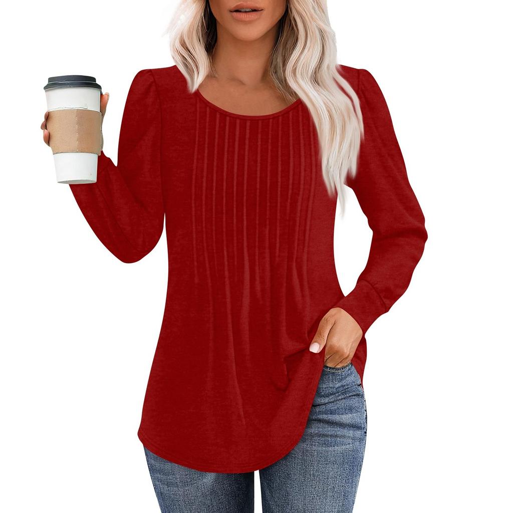 Long Sleeve Shirts For Women Tops Dressy Casual Blouses Pleated Scooped Neck Tunic Tops