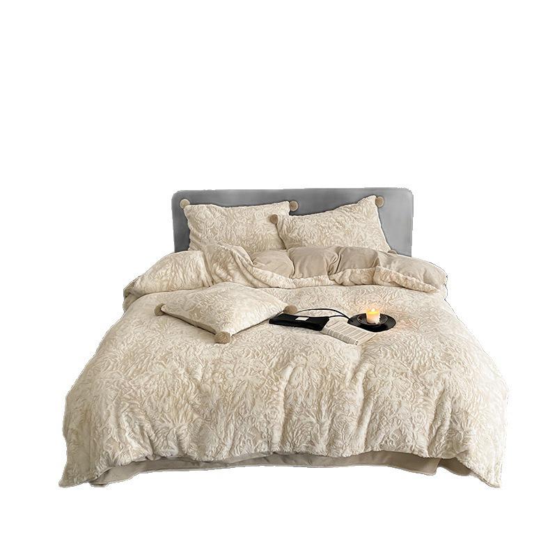 320г Супер Теплый Зимний Молочный Вельвет 4 Предмета Постельного Белья из Кораллового Флиса с Двусторонним Флисом - Простыня и Пододеяльник в Комплекте