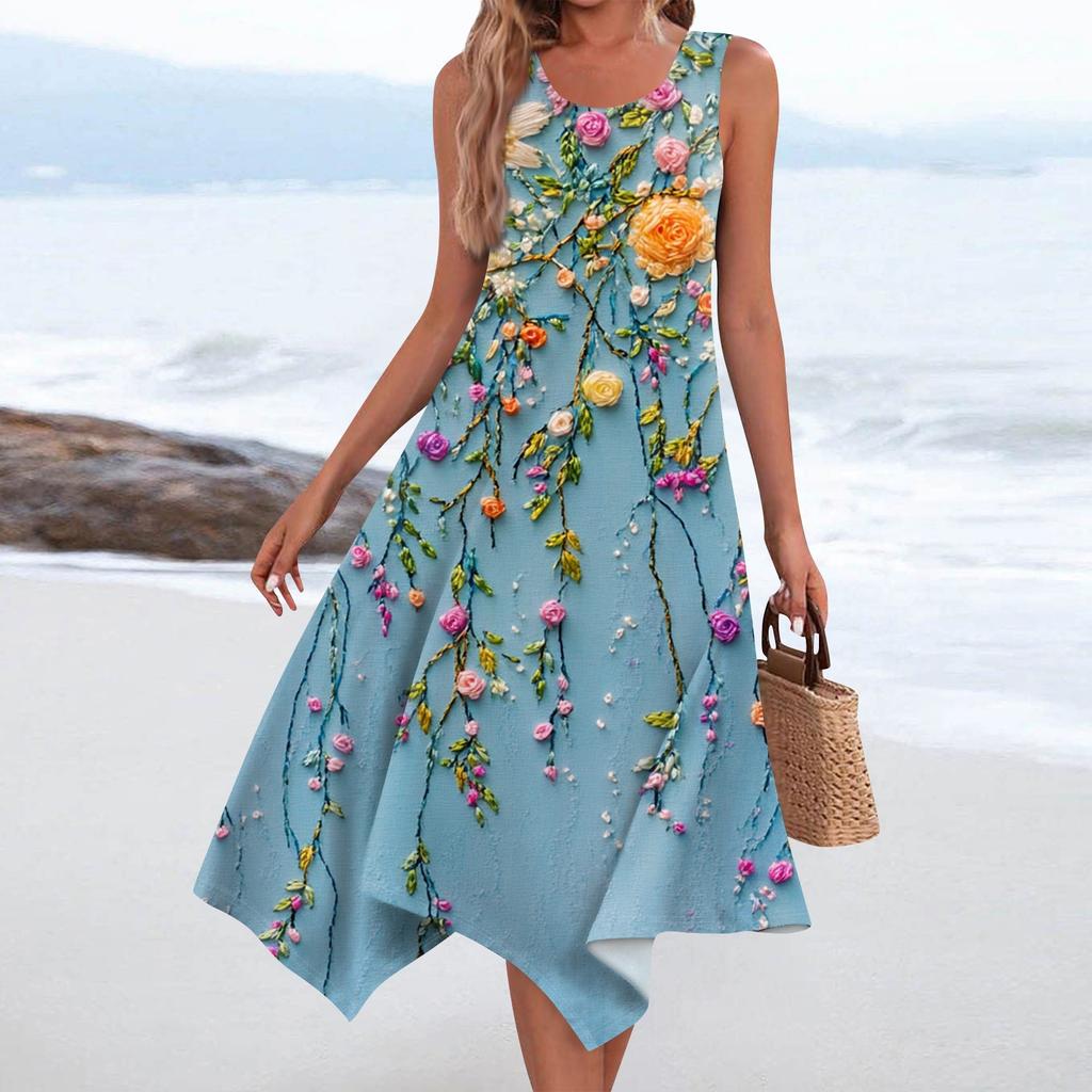 Женское повседневное модное платье средней длины с круглым вырезом без рукавов с винтажным цветочным принтом и неровным подолом