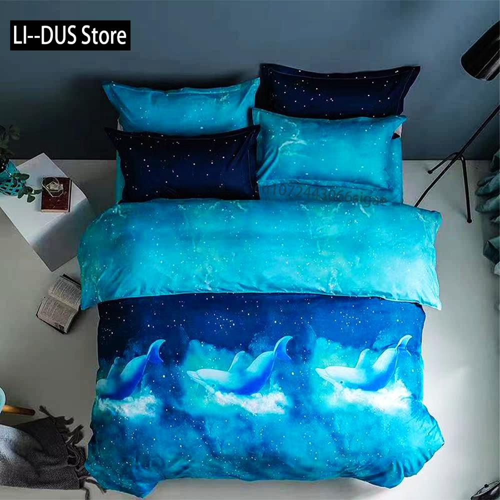 Galaxy Bedding Set Dolphin Comforter Cover for Kids Adult Duvet Cover Sea Creatures Bed Cover Starry Sky Blue Room Decor 3Pcs