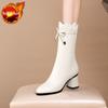 Fashion Half High Boots for Women Middle Heel Pointed Toe White Leather Mid Calf Shoes Woman Quality Y2k Trend 2024 Winter Novelty Sale
