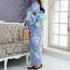 RAVIR Yukata with Watercolor Blue Fluffy Obi and Geta One Size Fits All Women's 3-Piece Set, Gray, Flowers, Belt, Sandals, Blue,