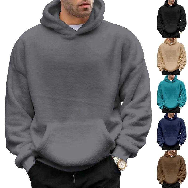Осень Зима Новая Мода Толстовки Длинный Рукав Однотонные Толстовки из Овечьей Шерсти Мужская Одежда Повседневная Свободная Карманы Корейский Тренд Топы