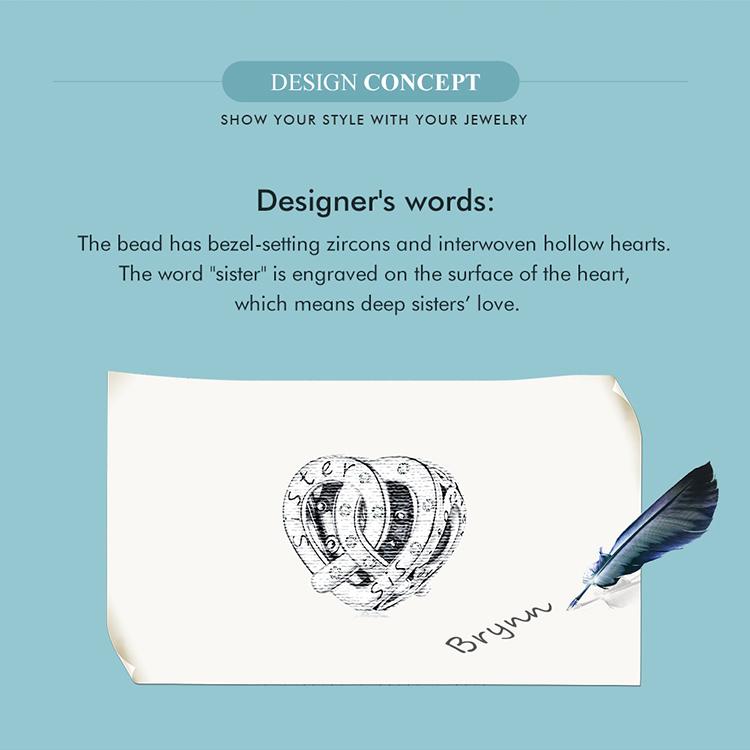 WOSTU 925 Sterling Silver Cubic Zirconia Sister Heart Bead Charms for Women Necklace and Bracelet DIY Jewelry