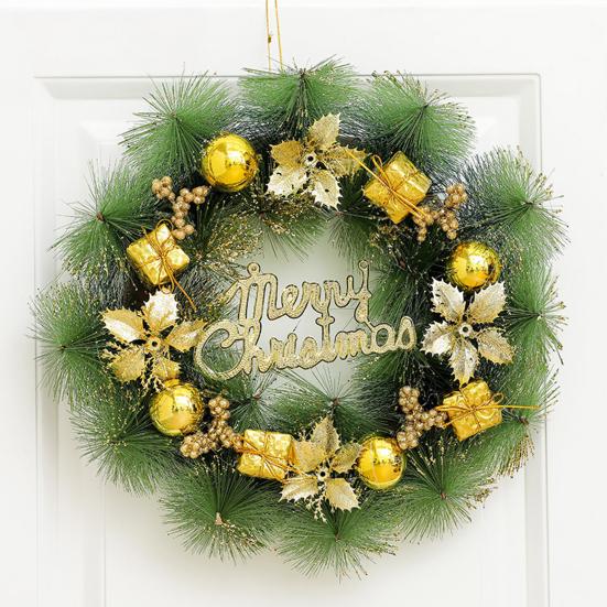 Christmas Wreath for Front Door Artificial Pine Needle Wreath with Balls Bows Flowers Merry Christmas Hanging Decor for Home Wall Window Porch Decor