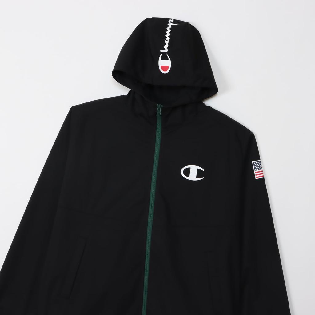 Champion Long Sleeve Stretch Windproof Zip Hooded Jacket with Men's Anti-Static Water-Repellent One-Point Logo, Black, C3-ZG601