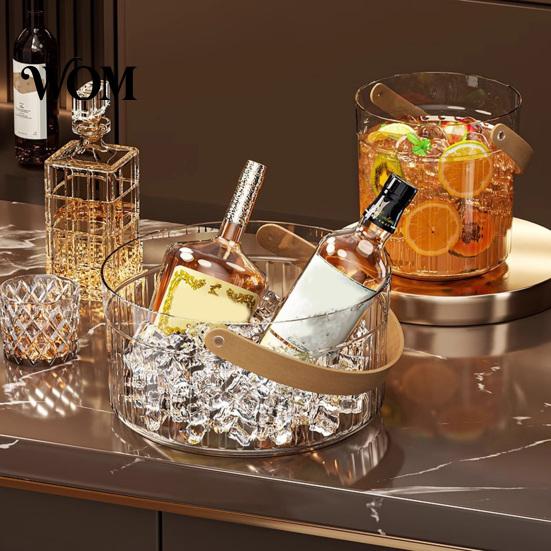 Multi-purpose Storage Basket Ice Bucket with Faux Leather Handle, Thickened Plastic Beer Wine Cooler Handle for Party, Clear Beverage Container
